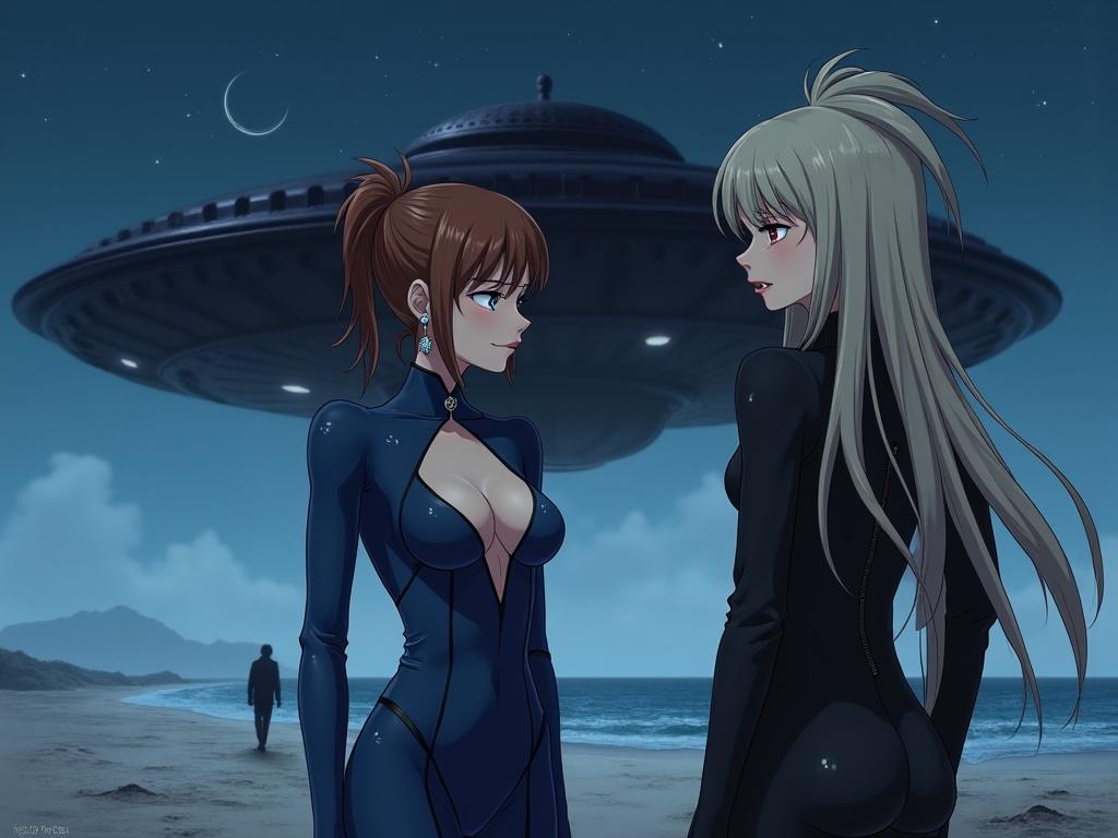 Two anime characters in black suits stand under a hovering UFO on a moonlit beach.