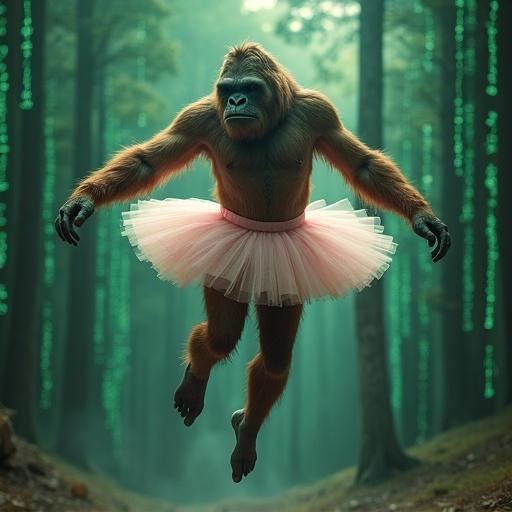 Bigfoot wearing a ballerina tutu dances in mid-air with legs spread. Background features a matrix-style look with green elements. Scene captures a blend of humor and fantasy.