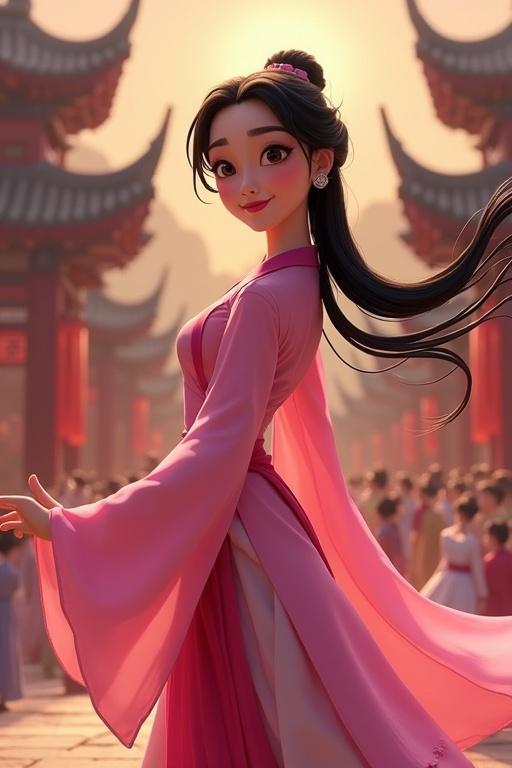 Animated woman inspired by Mulan with long hair in side pigtails. Dressed in pink silk hanfu. Dancing in a Chinese castle surrounded by women.