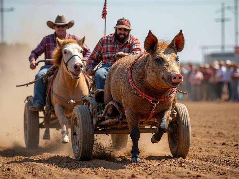 Greased pig chariot races take place in Texas during the BBQ event. Excitement fills the air as pigs race in carts pulled by ponies. Crowds watch cheering and enjoying the festivities. The atmosphere is competitive with a blend of fun and agriculture.