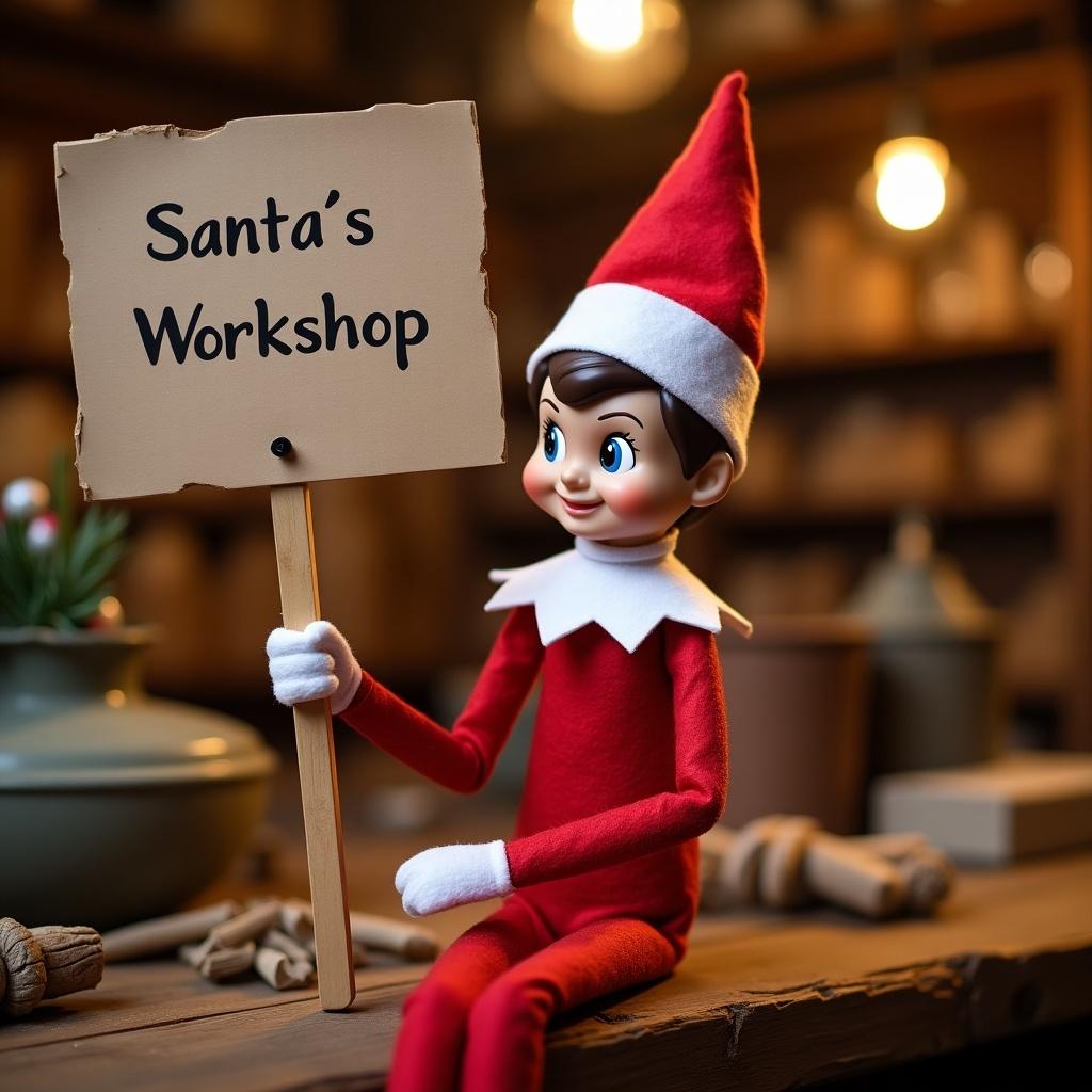 Elf on the shelf holds a sign in Santa's workshop.