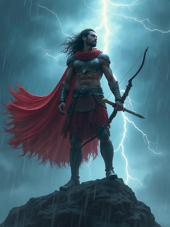 Karna stands tall on a mountain peak during a storm. Lightning crackles behind him. Armor gleams in the light. Bow held high toward the sky. Wind swirls around him. Red scarf flies dramatically. Raindrops fall. Thunder rumbles. Eyes express fire and pain. Portrait embodies heroism and mythology.