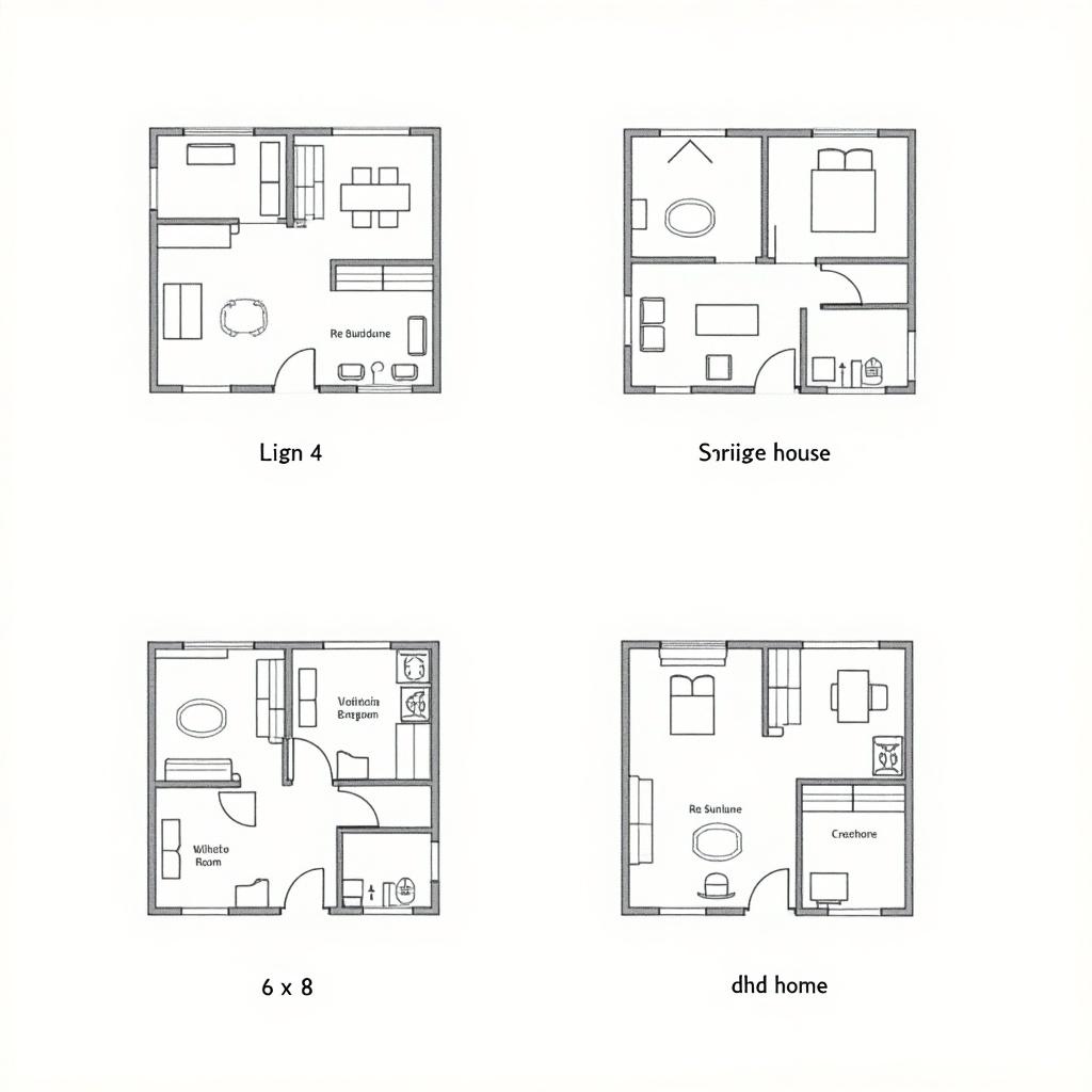 Four different house layouts displayed as illustrations. Each layout has a size of 6 x 8 squares. Layouts labeled Lign 4, Srijge house, 6 x 8, and dhd home. Each layout shows unique room and furniture arrangements.