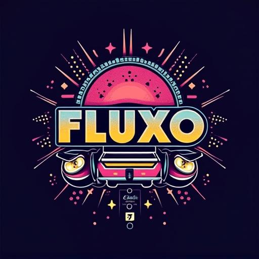 Create a logo featuring the typographic name 'FLUXO 073'. Include a train icon and a boom sound wall. Design should reflect a funk festival aesthetic.