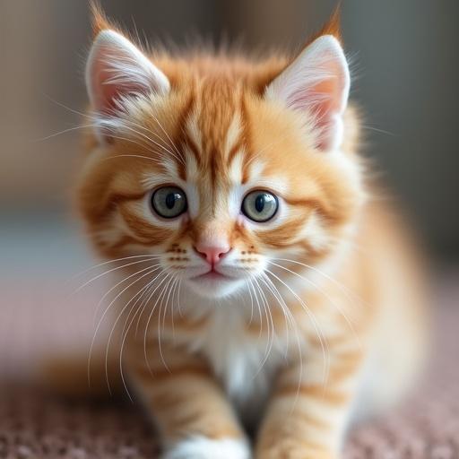 A cute, playful kitten on a soft rug. The kitten has a fluffy orange coat and appears comfortable and relaxed. It is sitting in a warm, inviting space with natural light enhancing its features.