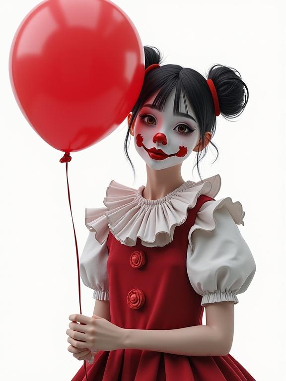 A cute petite female dressed as a clown with a white and red face. She holds a red balloon and has short dark hair in pigtails. The background is plain white, highlighting the details and textures of the costume.