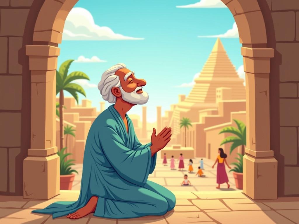 In ancient Babylon, a cheerful cartoon illustration depicts an old man named Daniel kneeling by an open window, with his hands clasped in prayer and his eyes closed in serenity. The window frames a bright sky above the ancient Babylon city, showcasing its grand architecture and vibrant life outside. Daniel is wearing a simple yet peaceful light blue robe that adds a touch of fun to the scene. His face radiates happiness, reflecting a deep sense of joy and faith. The overall atmosphere conveys a blend of tranquility and the richness of Babylonian culture.