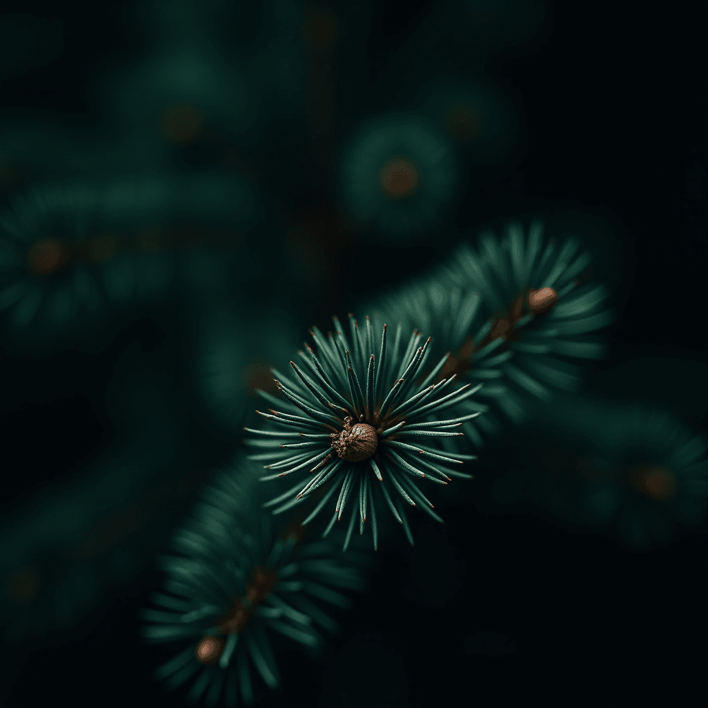 A macro photograph capturing the intricate detail of evergreen needles, showcasing their green hues and the central, textured bud against a dark, blurred background.