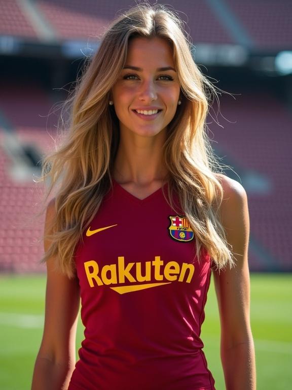 A cheerful young woman in a red FC Barcelona soccer uniform poses on a football field. Background shows stadium seating. She smiles confidently.