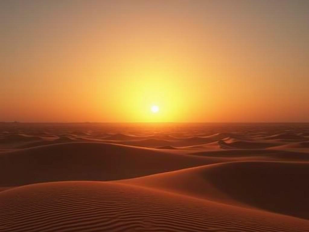 A stunning landscape capturing the majestic beauty of a desert sunset. The sun is setting on the horizon, casting a warm glow over the endless expanse of sand dunes. The gentle curves and lines of the dunes are highlighted by the soft, golden light, creating a serene and tranquil atmosphere.