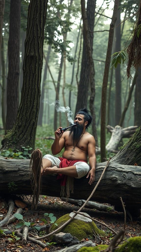 A man sits cross-legged on a fallen tree trunk in a dense forest, smoking a pipe. His relaxed posture and traditional clothing suggest a deep connection with nature. The forest around him is lush and serene, with diffused lighting creating a mystical atmosphere.