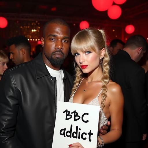 Taylor Swift and Kanye West in a nightclub scene. Woman has blonde bangs and long twintails. Wearing bikini top and miniskirt. Man is an older black rapper. They are close together. Woman holds sign 'BBC addict'.