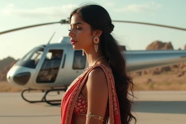 Create a girl in saree in formal look standing in front of her newly owned private chopper.