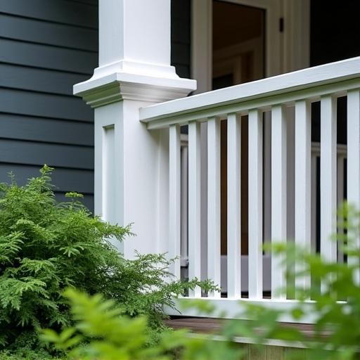 Close-up of a white wooden railing on a porch of a Craftsman-style house. Railing has vertical balusters and a top rail. House with dark siding. Lush greenery includes ferns and hostas around porch. The light is soft and overcast. Focus on wood texture and craftsmanship.
