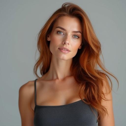 Close-up portrait of a confident woman with fair skin and auburn hair. She has pale blue eyes and strong cheekbones. A subtle smile shows natural imperfections. She wears a grey bodysuit. The background is plain light grey with even soft lighting that flatters her features.