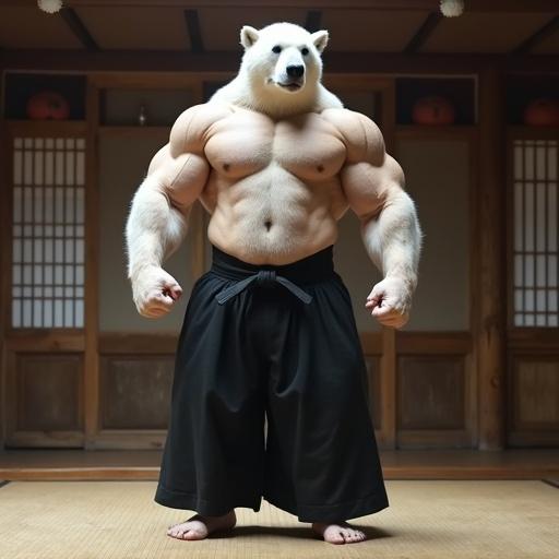 Huge strong muscular bodybuilder with polar bear head. Wearing aikido hakama and black belt. Barechested with large muscular pecs and abs. Thick feet and ankles. Standing barefoot in traditional dojo.