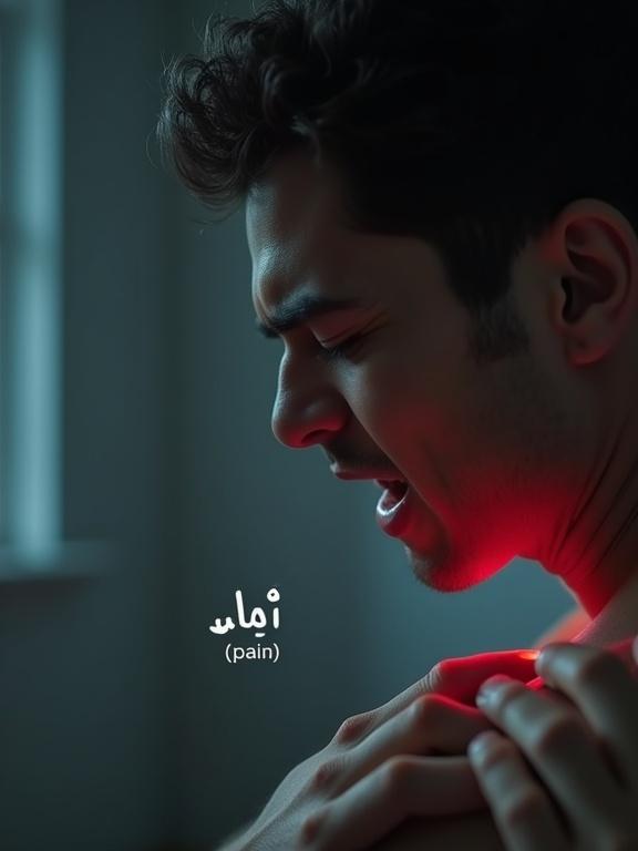 Realistic close-up of human hand gripping shoulder in pain. Dimly lit room with a facial expression showing discomfort. Dramatic lighting and dark shadows.