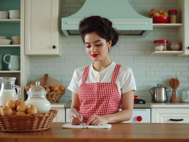 Portrait of a woman in a retro kitchen. Woman engaged in writing. Warm inviting atmosphere with vintage kitchen elements. White brick wall, wicker basket filled with baked goods. Red-and-white check dress, elegant cabinetry in background. Soft lighting, nostalgic feel.