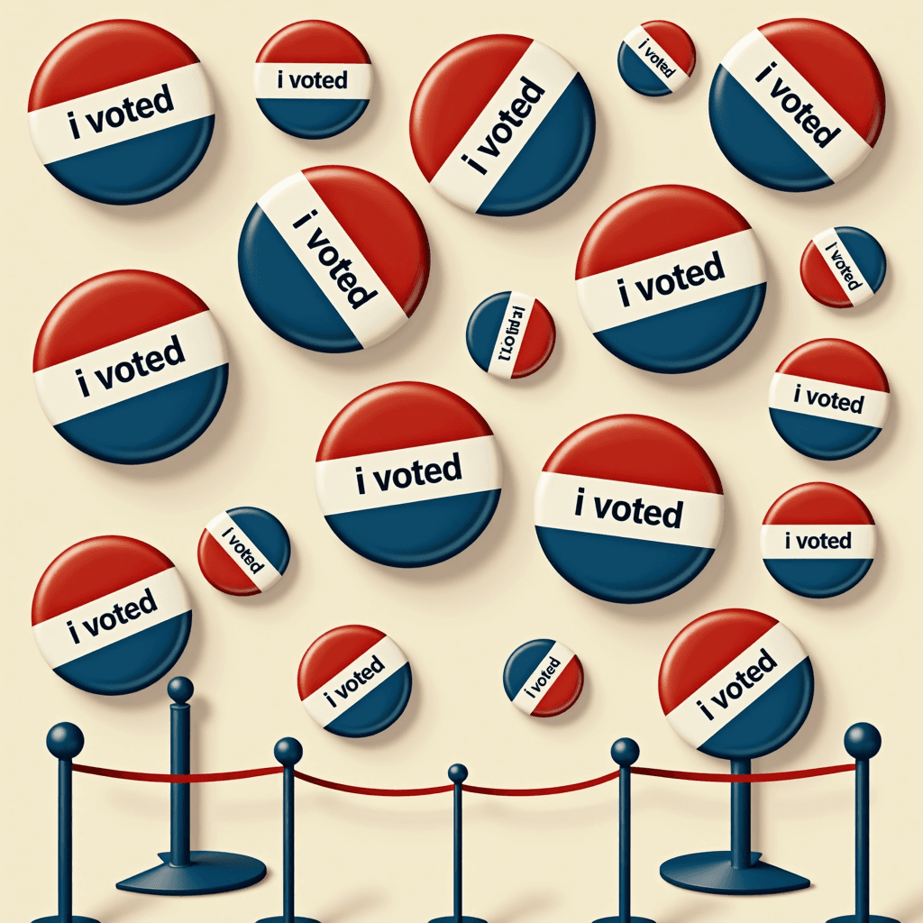 The image features numerous 'I Voted' buttons with a red, white, and blue color scheme, symbolizing civic engagement.