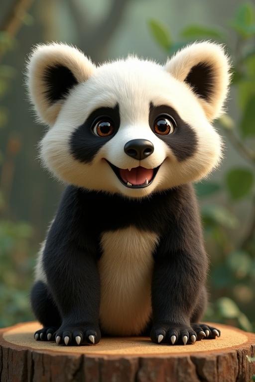 3D animated cute panda character sitting on a wooden stump with a happy expression
