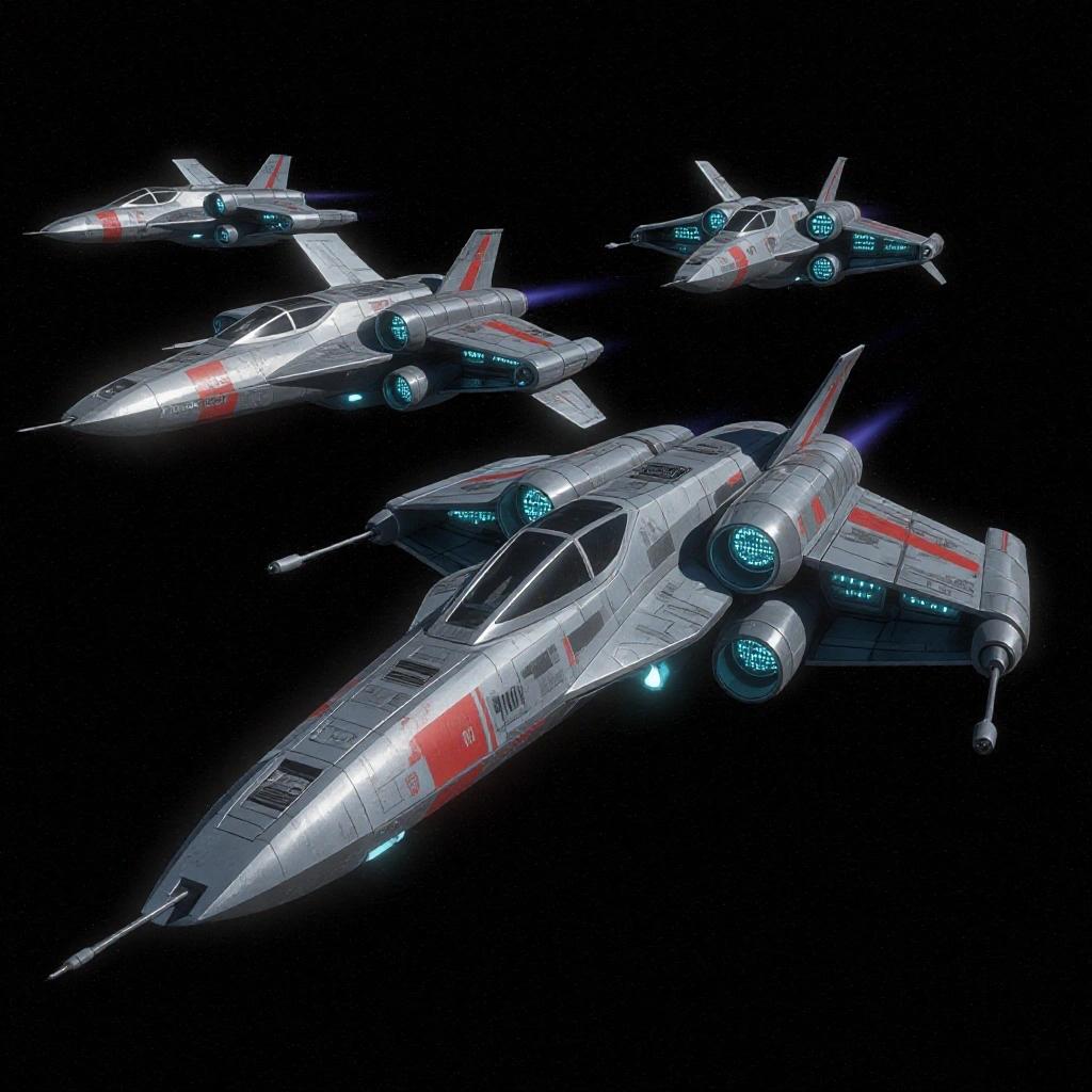 Futuristic space fighter ships depicted in formation. Sleek designs with metallic surfaces. Soft glowing lights and thrusters visible. Dark space background.