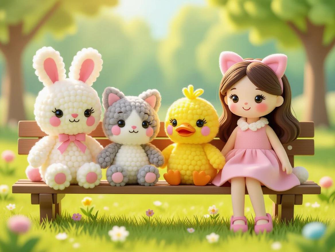 Group of cute handmade animals made from pom-poms. Animals include a bunny, kitten, and duckling. They sit on a bench in a park. Cheerful whimsical illustration with soft colors. Highly detailed with a cute, playful aesthetic.