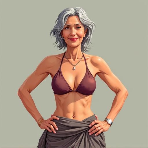 Vector illustration featuring a mature woman with grey hair in a bikini and sarong. She has a toned body and defined abs. This character is posing with hands on hips and looking at the viewer with a smile. Highly detailed artwork with a simple background.