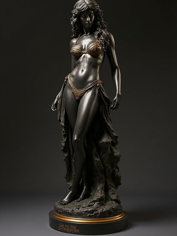Sculpture depicting a woman wearing a strings bikini. The sculpture features a black and gold finish. Emphasizes the female form. Tall and elegant figure accentuated by flowing drapery.