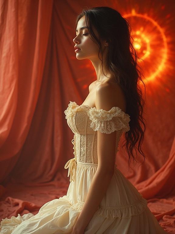 A young woman kneeling gracefully against a vivid background. She has eyes closed with a serene expression. She wears a vintage ivory lace corset dress featuring delicate frills and ribbons. Her makeup is soft and natural. The background has red and orange cosmic elements. The setting has a dreamy atmosphere with warm studio lighting and soft shadows. The image has a cinematic composition with a slightly grainy texture.