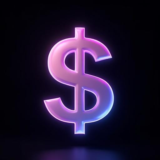 3D render of a dollar sign with purple and blue gradient glassy effect. Clean image with no blurriness or depth of field. Isolated against a black background.