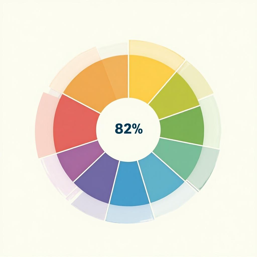 Pie chart with colorful segments. One segment prominently displays 82%.