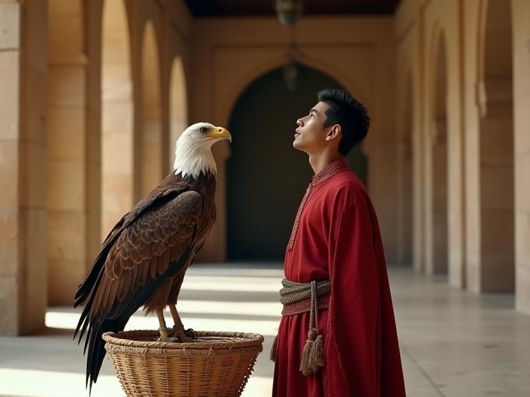 Young man in traditional red outfit stands near large Arabian eagle in a basket. Both looking up in a corridor with arched doors. Scene has a majestic cinematic feel.