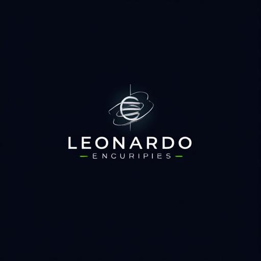 Logo design for an engineering consulting office named Leonardo. Integrates space elements and maintains a professional style. Sharp lines and geometric shapes are used. Dark colors like navy and black are complemented with silver and neon accents. Clean sans-serif typography has a slight futuristic flair. Includes details like orbit lines or a minimalist planet. The design is flat with optional metallic effects.
