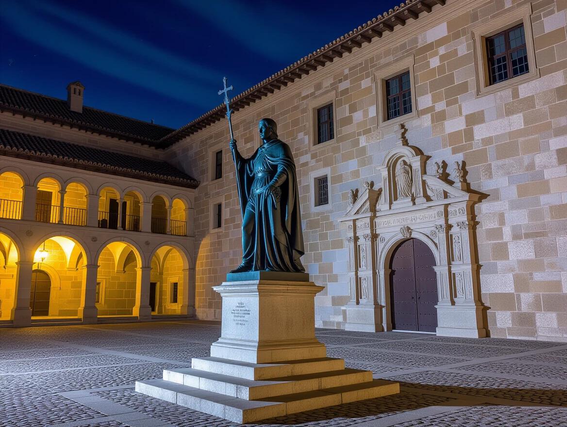 Statue of San Lorenzo in El Escorial Courtyard. Nighttime with bluish lighting resembling horror films. Statue faces to the side.