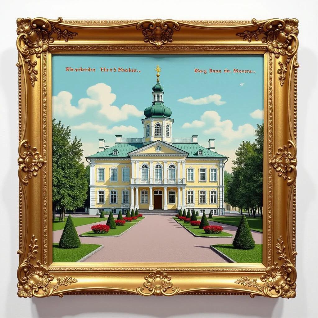 A masterful art piece of a historical building framed elegantly. The structure features a green dome and classical elements. The surrounding garden is neatly landscaped. Soft clouds drift in the blue sky above.
