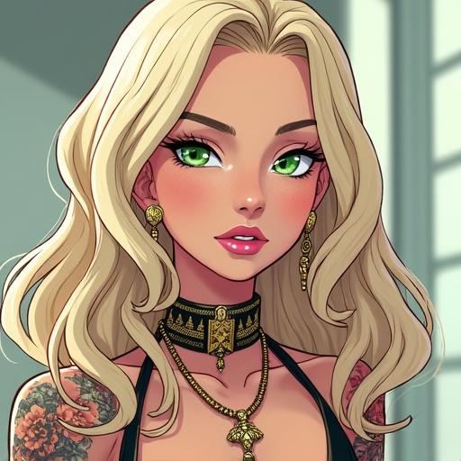 Anime character design. Woman with emerald green eyes. Beautiful face with oversized elegant light blonde hair. Wearing light pink diamond jewelry. Futuristic and high-tech aesthetic. Half Japanese half Saiyan. Representing strength with muscular arms and 6 pack abs. Features light pink lipstick, decorative toenails and fingernails. Showcases tattoos and piercings. Appearing on a martial arts magazine cover. Depicts a celebrity status.