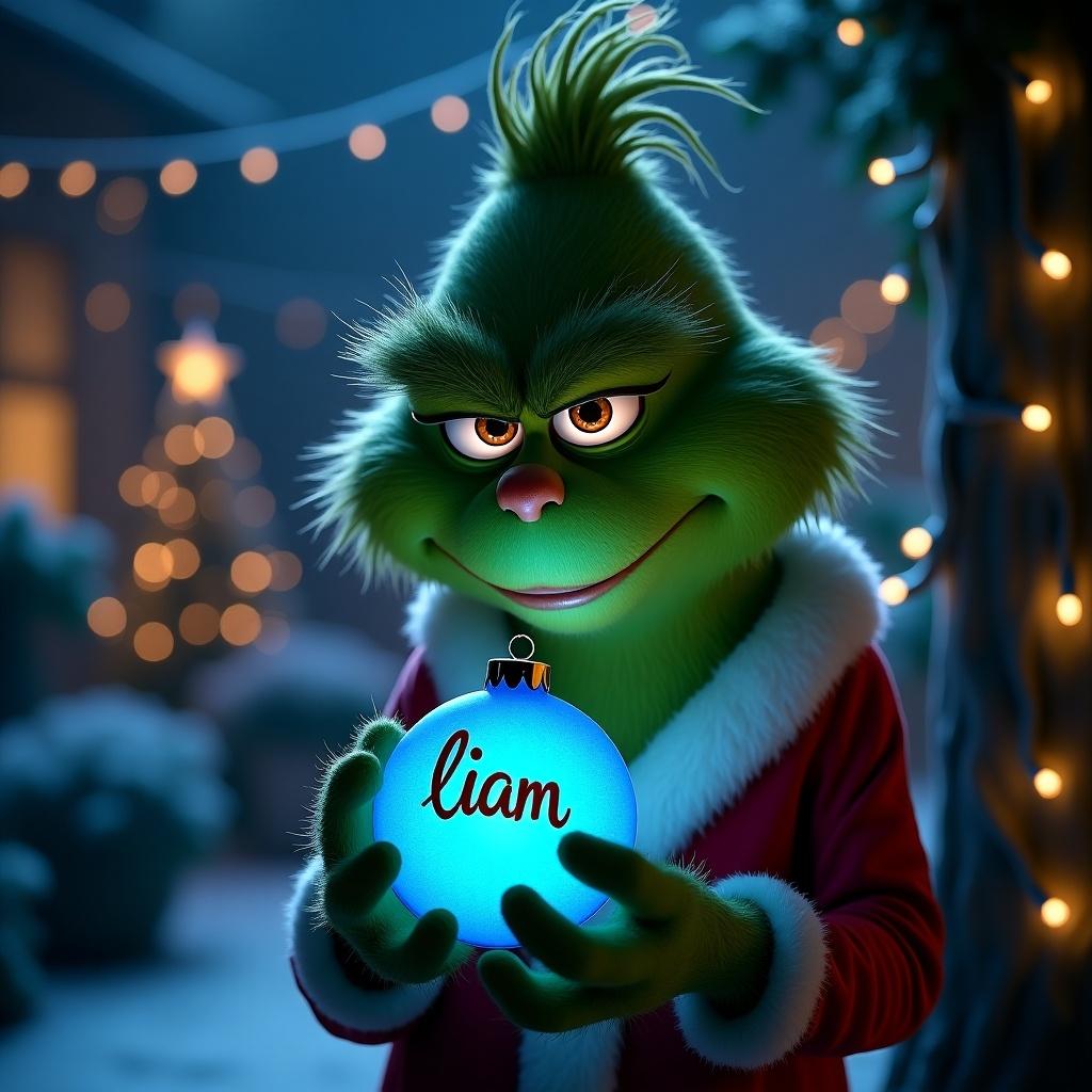 A serene night garden is depicted. The Grinch holds a glowing blue Christmas bauble. The bauble features the name liam in an elegant script. Twinkling Christmas lights enhance the magical ambiance.