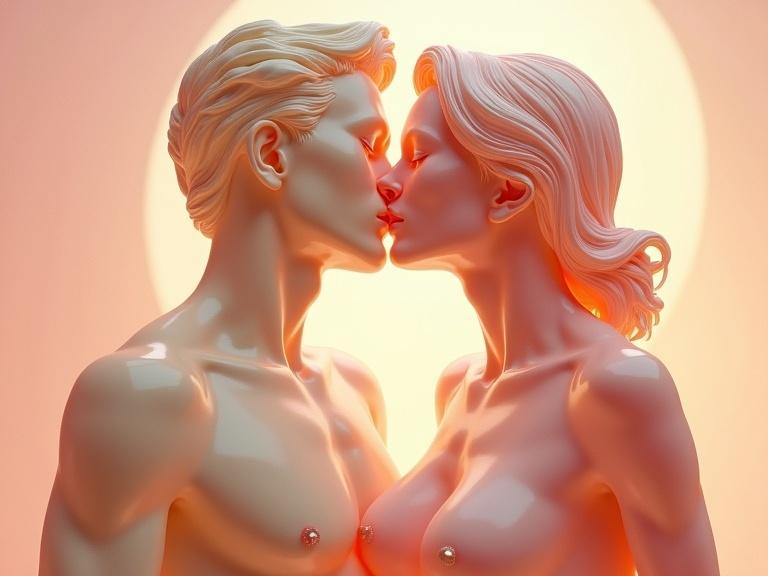 3D ultrarealistic anthropomorphic male and female figures kissing. Figures are made of glass and crystal with beige and pink tones. The scene is illuminated with a warm glow.