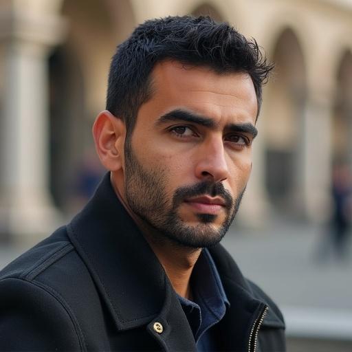 Portrait of a man in an urban setting. He has dark hair and a well-groomed beard. He wears a stylish jacket. The background is slightly blurred, focusing on his serious expression.