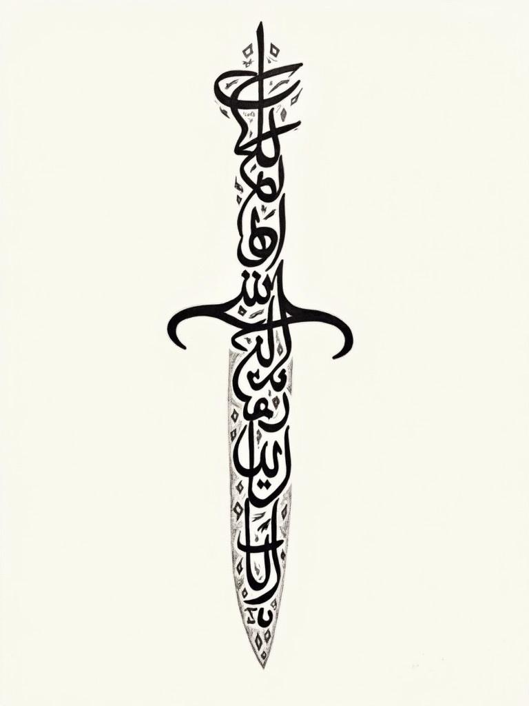 Calligraphy creates a knife shape. Black Arabic script fills the entire artwork. Text includes إِنْ كانَ الحَدِيْثُ مِنْ فِضَّةٍ فالسُّكُوتُ مِنْ ذَهَب. Artwork is plain white background.