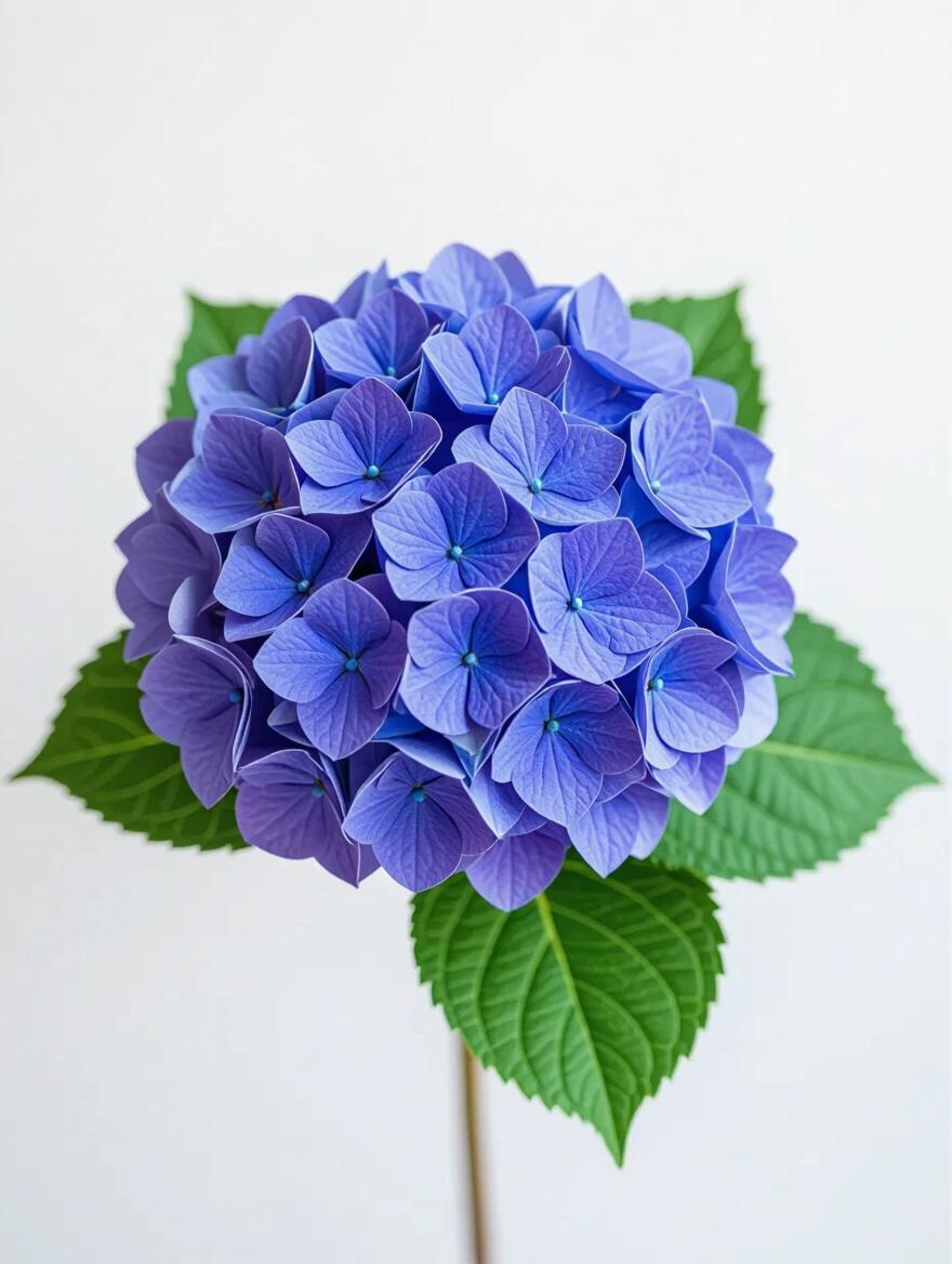 Realistic photo of a single color hydrangea bouquet. Vibrant purple and blue flowers. Green leaves surrounding the cluster. Minimalistic background.