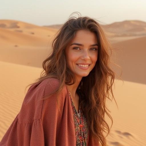 A Saudi girl stands in a desert during hot temperature. She wears a colorful outfit. The background consists of sandy dunes. The sunlight warms the scene. Wind slightly tousles her hair. Intense heat creates a serene atmosphere.