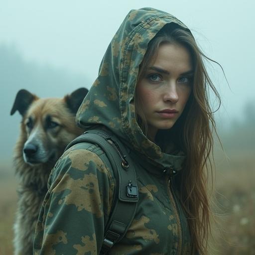 Portrait of European woman in camouflage clothing stands in natural setting. Behind her, a sheepdog in similar camouflage attire blends into the environment. The scene is futuristic, echoing themes from movies 'Lucy' and 'The Matrix'.