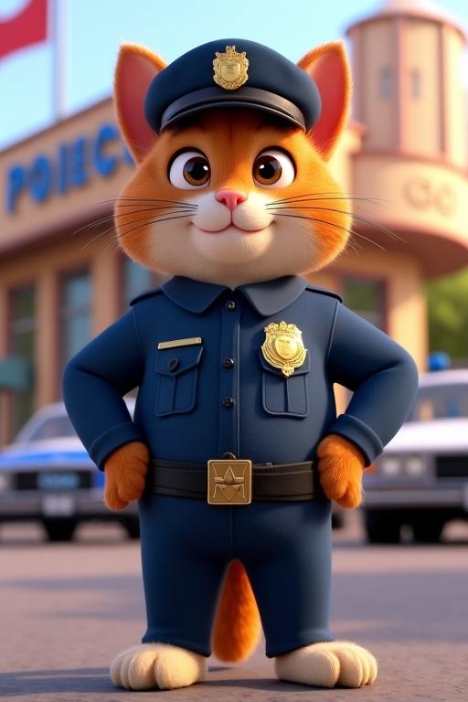 3D animated cartoon of a cat in police uniform standing outside a police station. The cat has a navy-blue outfit and shiny badge. Police cars are parked nearby. The station has a sign that says 'POLICE'. Cat has a confident expression and one paw on hip. Soft lighting highlights fur texture. Cinematic frame.