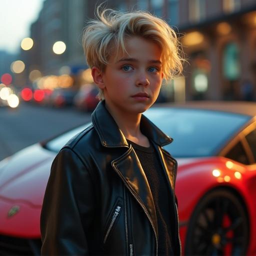 17 year old guy with blond hair and blue eyes wearing a leather jacket standing beside a Lamborghini with mafia vibe