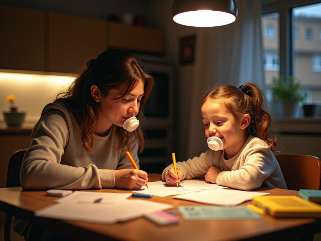 Girl works on homework at table. Mother provides assistance. Warm light illuminates well-furnished room. Papers and school supplies scattered on table. Big pacifier in girl's mouth.