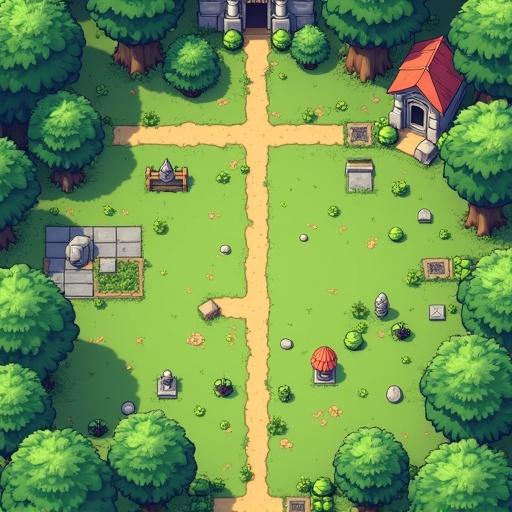 A 2D aerial view of a grassland in the style of Super Mario Wonder. The scene shows a zoomed-out perspective with sparse tombstones, more trees, bushes, rocks, buildings, and decorative structures like statues and fountains. The terrain has soft, semi-realistic lighting and detailed textures. The camera angle is strictly top-down, with no tilt or isometric view.