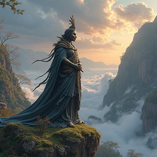 Fantasy landscape featuring a majestic figure in elegant attire standing on a cliff with a vast nature background. Enhancing elements like mist, mountains, and clouds create a peaceful yet powerful atmosphere.
