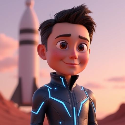 A modern animated character in a futuristic setting. Short dark hair and sharp eyes. Wearing a sleek suit with glowing lines. Background features a Mars colony or rocket launch pad. Playful sci-fi atmosphere with vibrant colors.