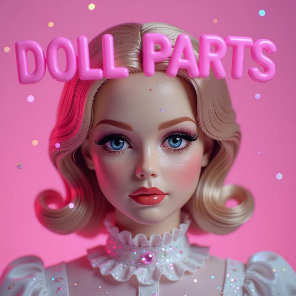 Movie poster for DOLL PARTS. Title in glossy pink bubble font. Features Sydney Sweeney's cracked porcelain doll face. Glitter rains around her. Studio-grade high contrast pink lighting.